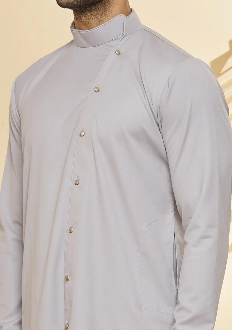 Light Grey Solid Cotton Kurta Set For Men