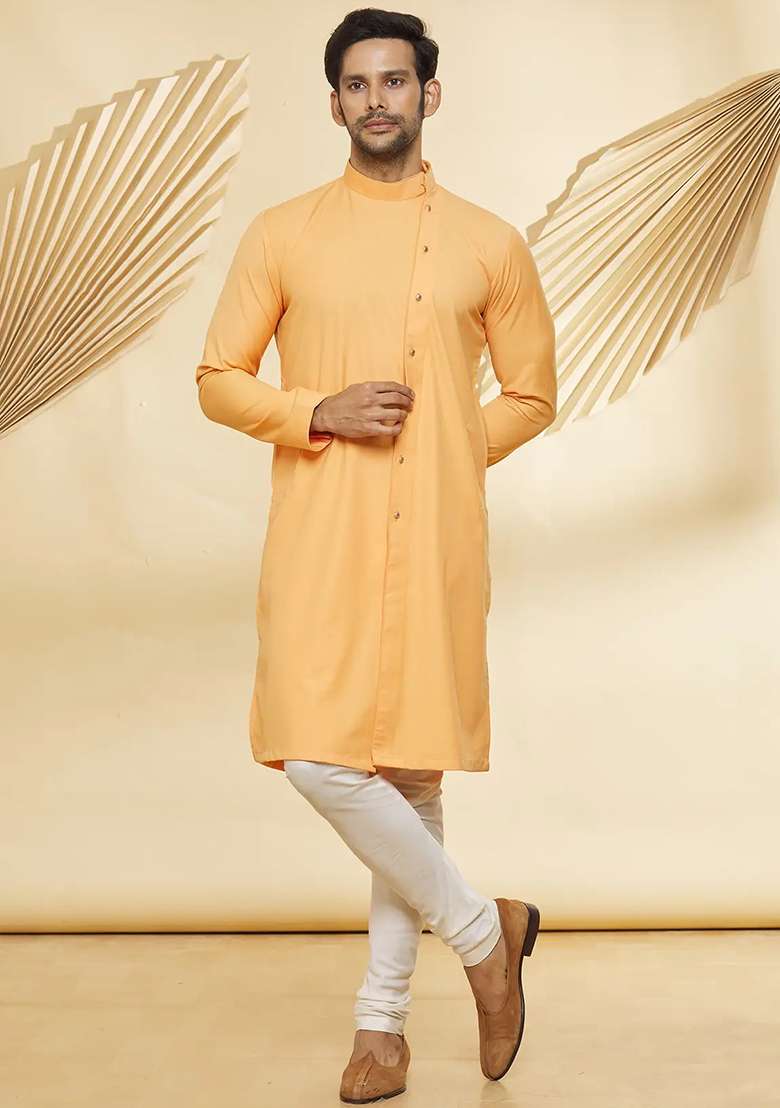 Orange Solid Cotton Kurta Set For Men - Indya