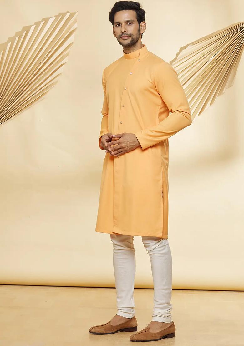 Orange Solid Cotton Kurta Set For Men