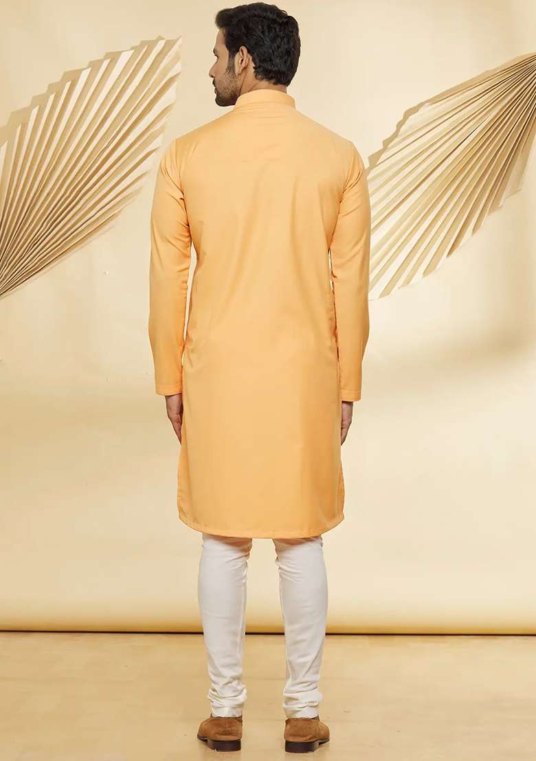 Orange Solid Cotton Kurta Set For Men - Indya