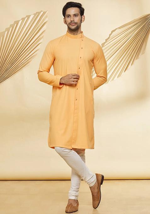Orange Solid Cotton Kurta Set For Men