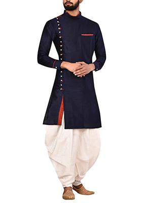 Navy Blue Solid Silk Kurta Set For Men