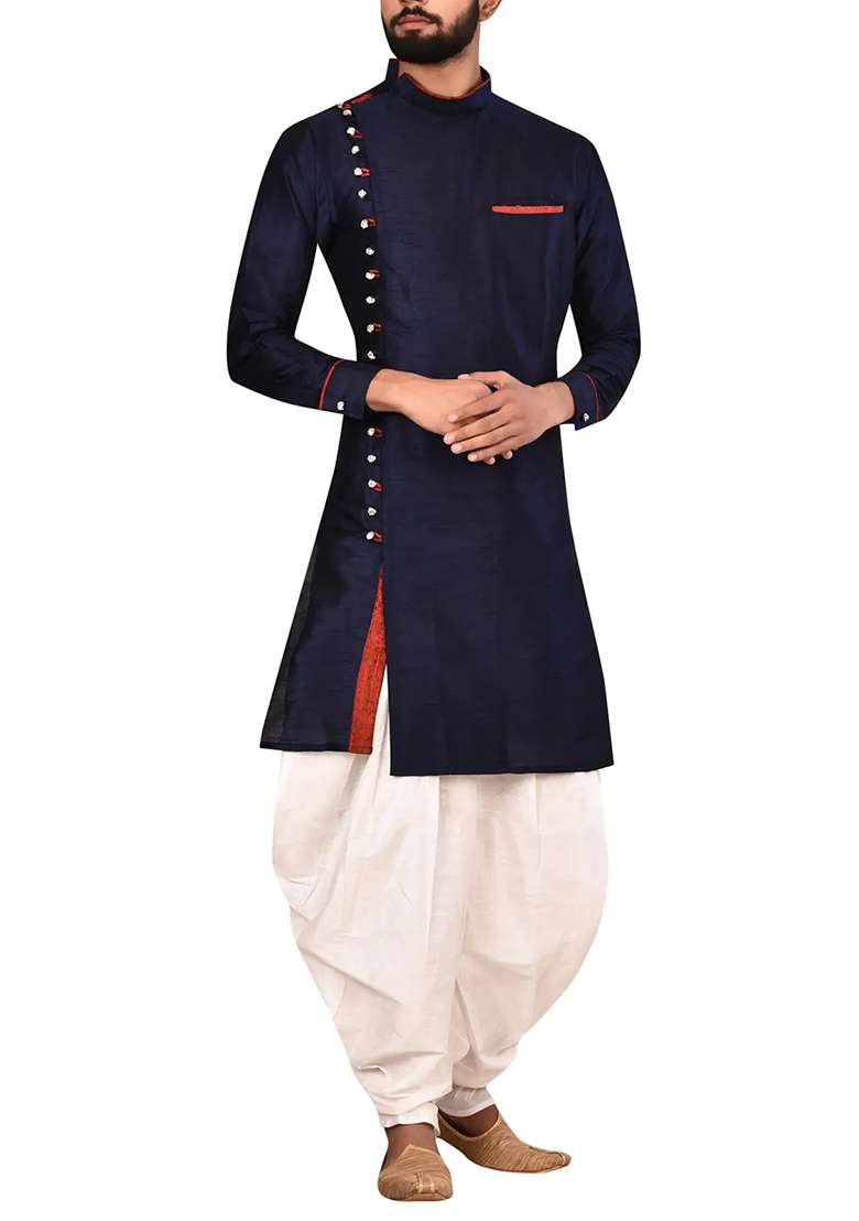 Navy Blue Solid Silk Blend Kurta Set For Men - Indya