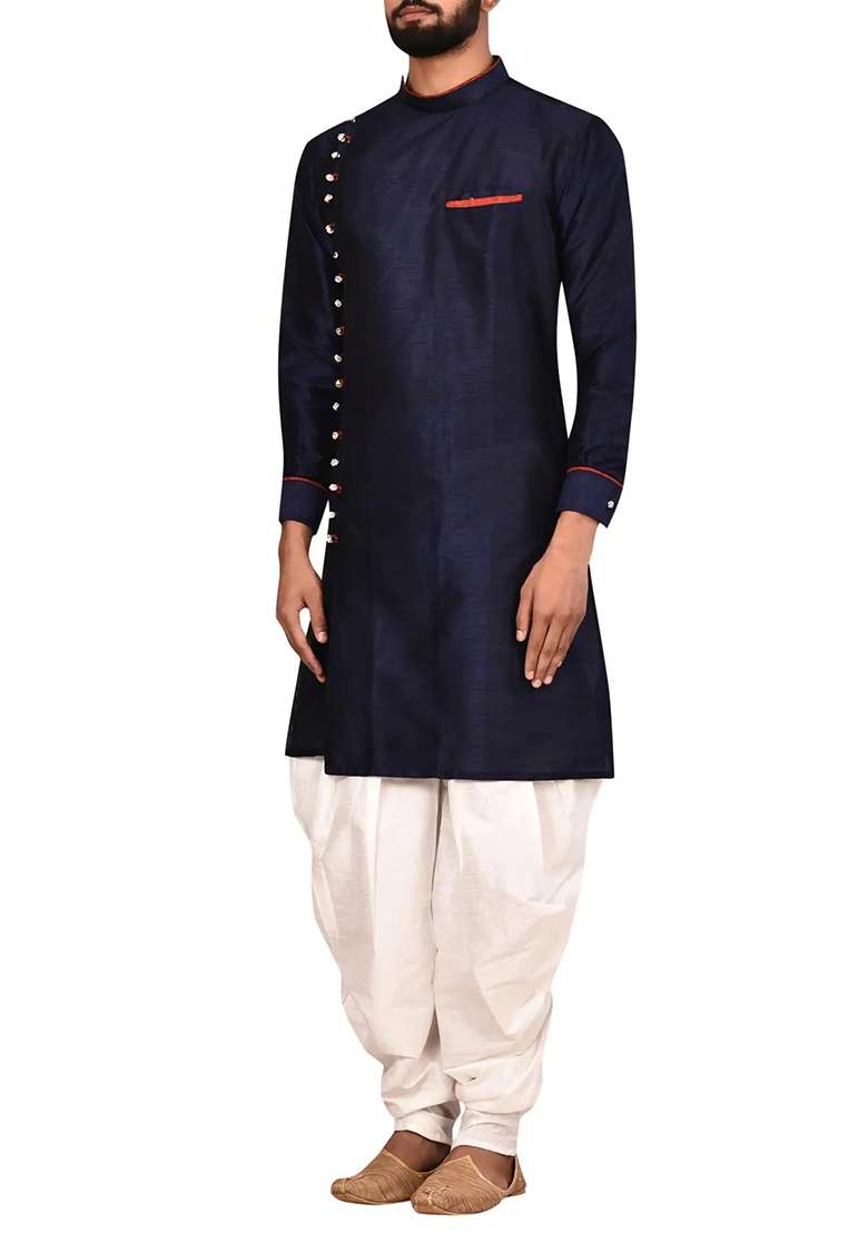 Navy Blue Solid Silk Blend Kurta Set For Men - Indya