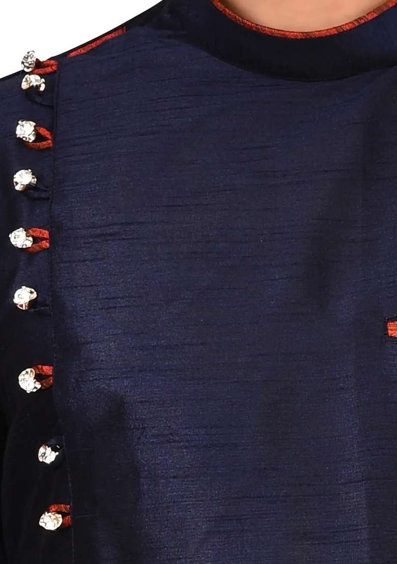 Navy Blue Solid Silk Blend Kurta Set For Men - Indya