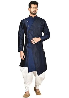 Navy Blue Solid Silk Kurta Set For Men