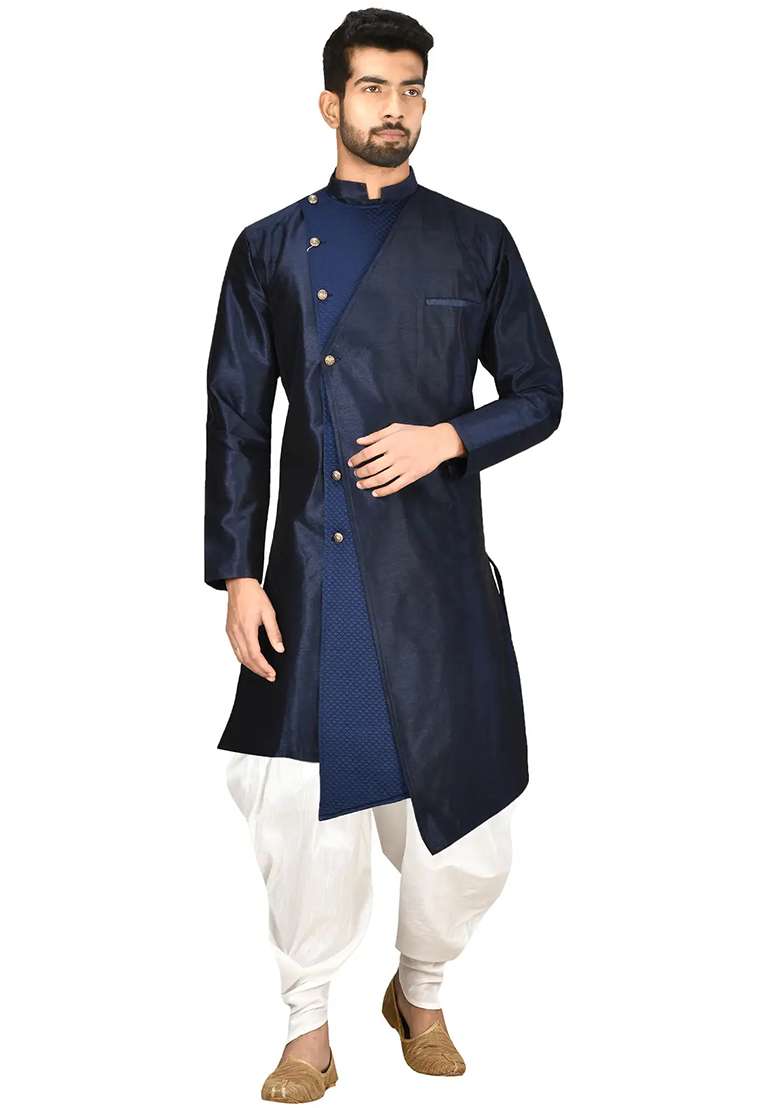 Navy Blue Solid Silk Blend Kurta Set For Men - Indya