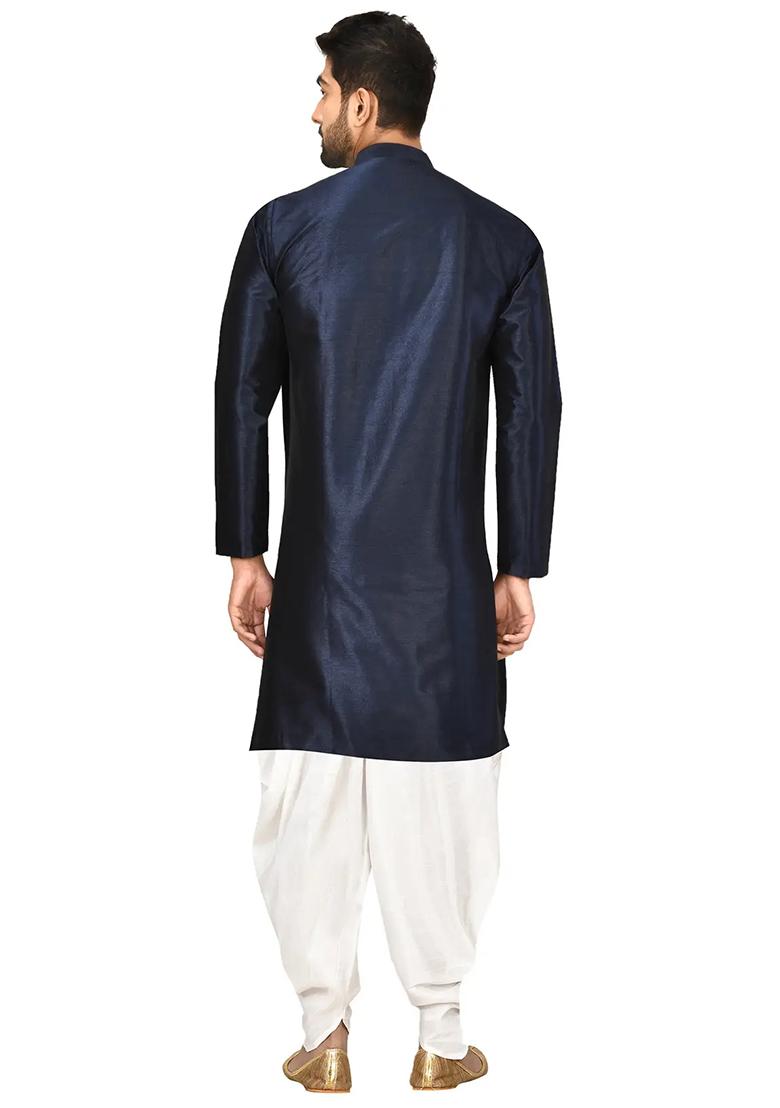 Navy Blue Solid Silk Kurta Set For Men