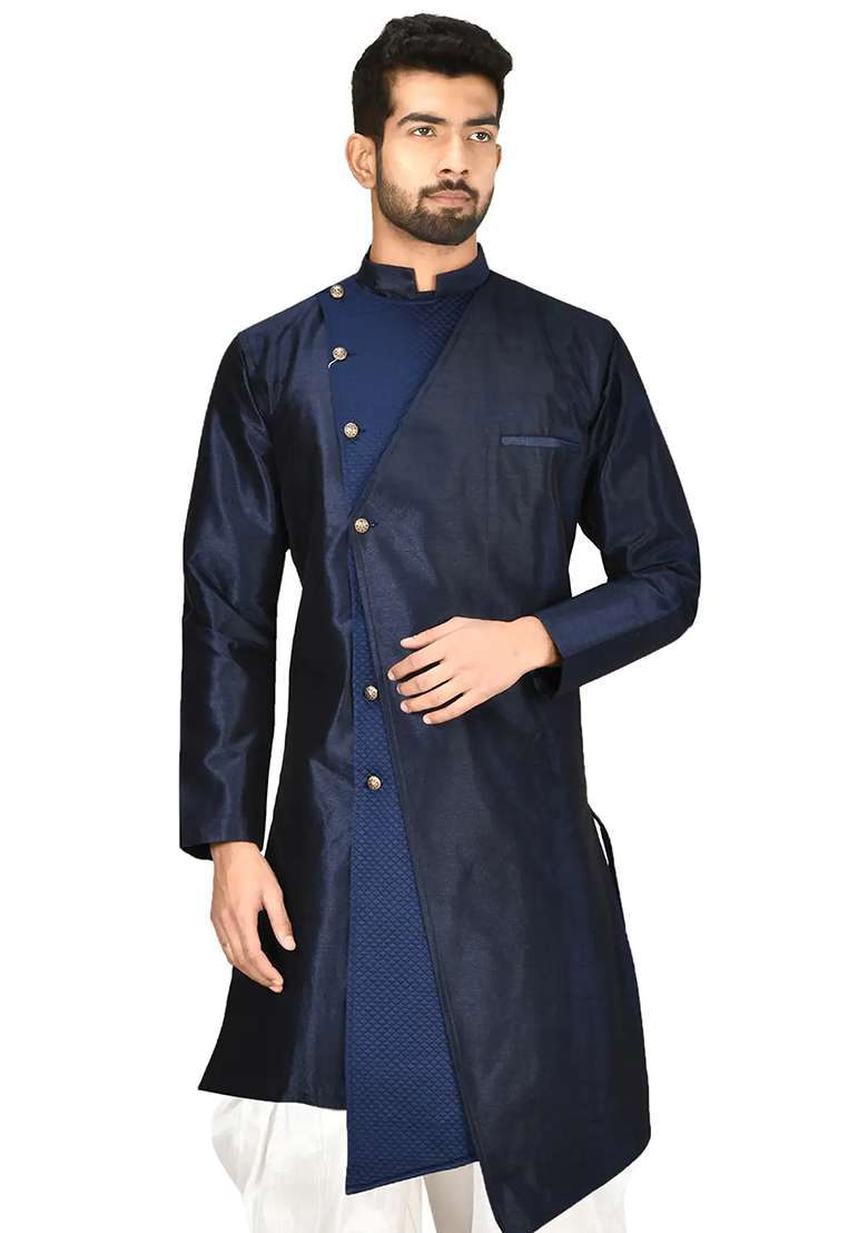 Navy Blue Solid Silk Blend Kurta Set For Men - Indya
