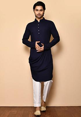 Navy Blue Solid Cotton Kurta Set For Men
