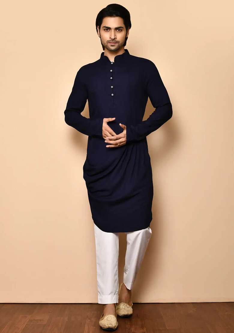 Navy Blue Solid Cotton Kurta Set For Men - Indya