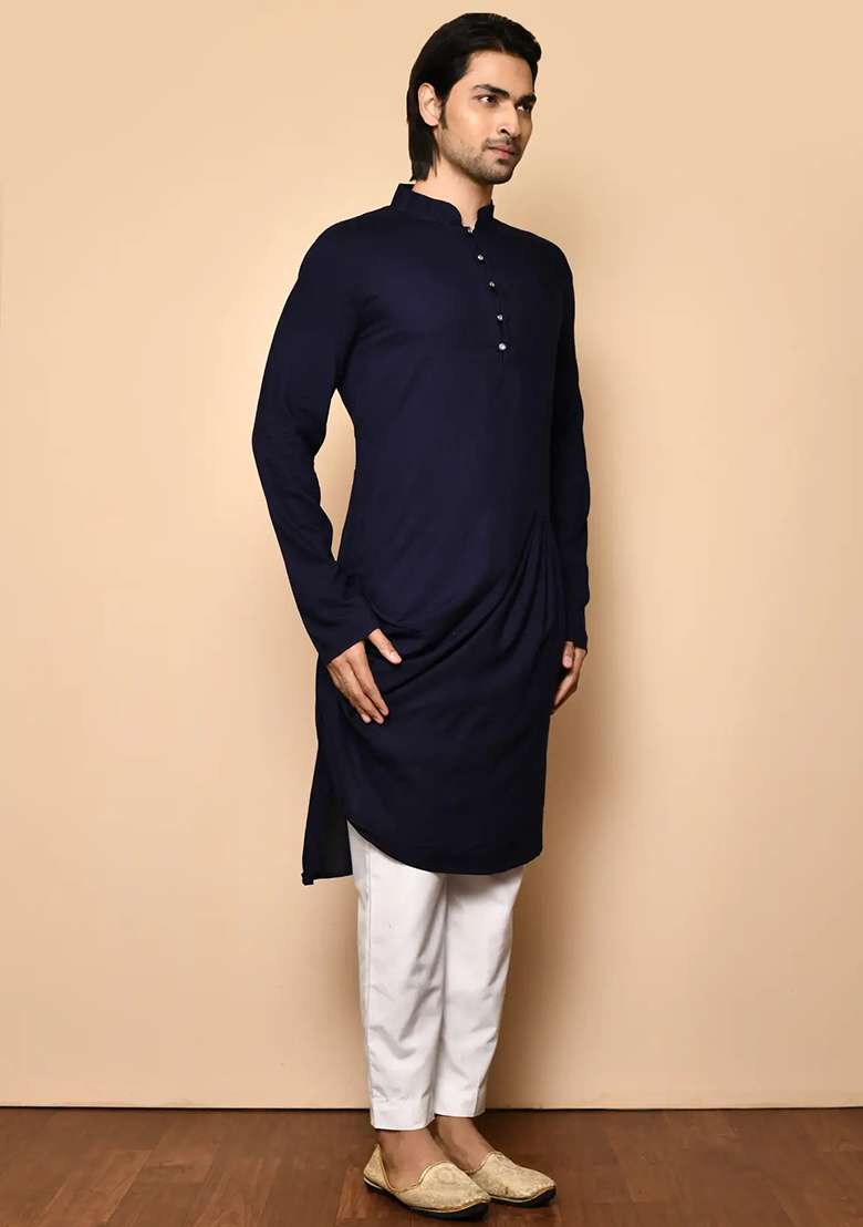 Navy Blue Solid Cotton Kurta Set For Men - Indya
