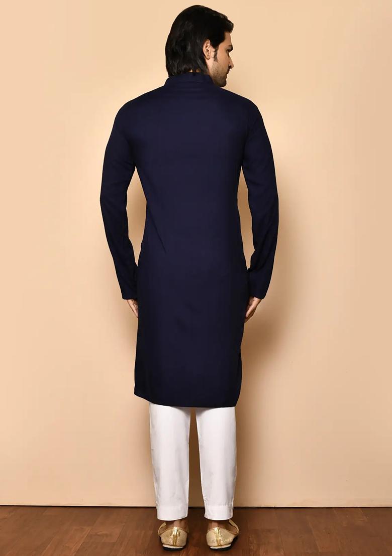 Navy Blue Solid Cotton Kurta Set For Men