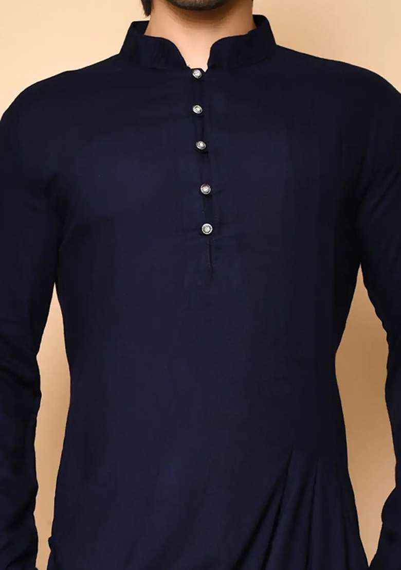 Navy Blue Solid Cotton Kurta Set For Men - Indya