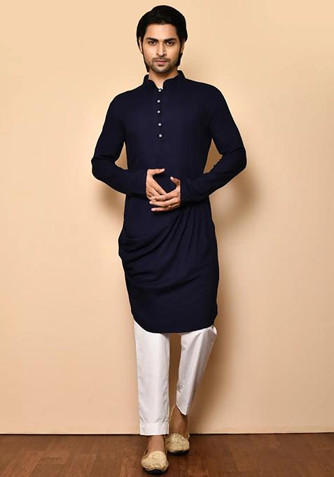 Navy Blue Solid Cotton Kurta Set For Men