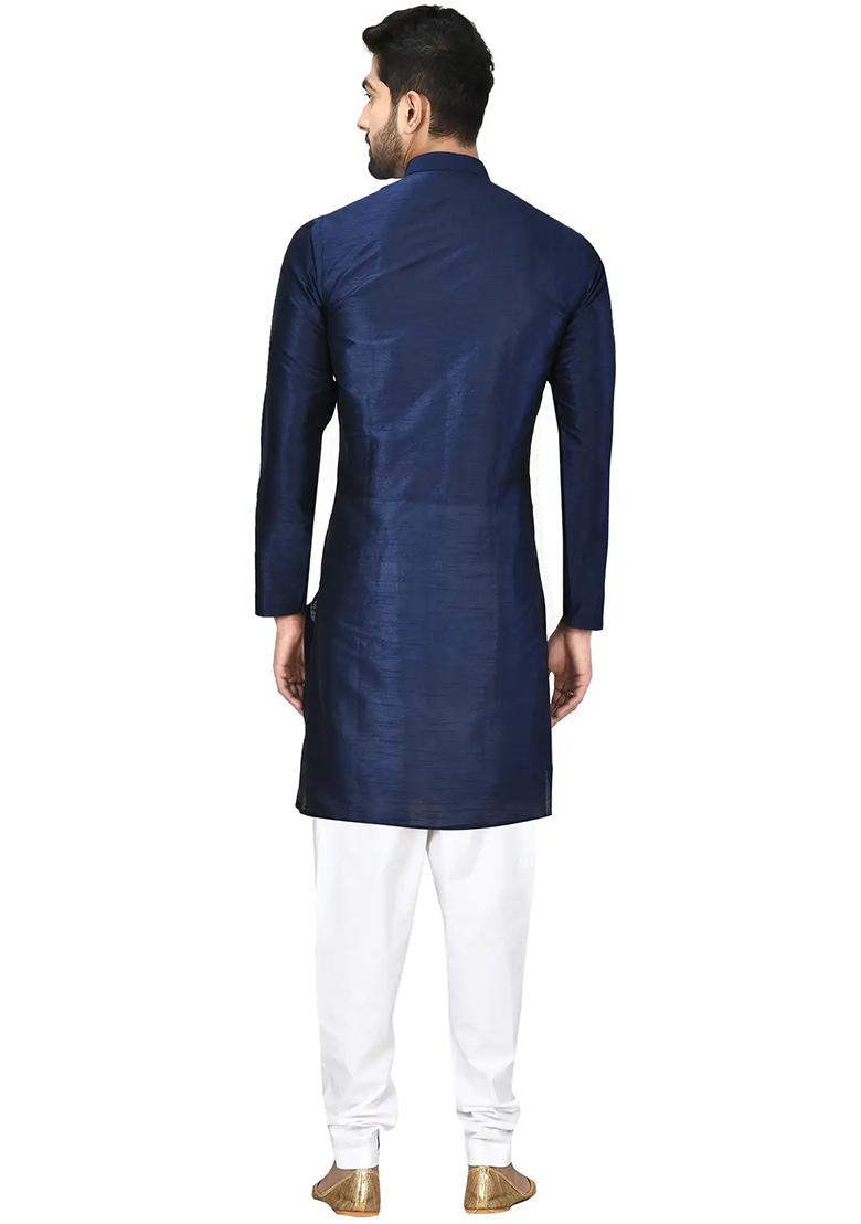 Navy Blue Solid Silk Kurta Set For Men