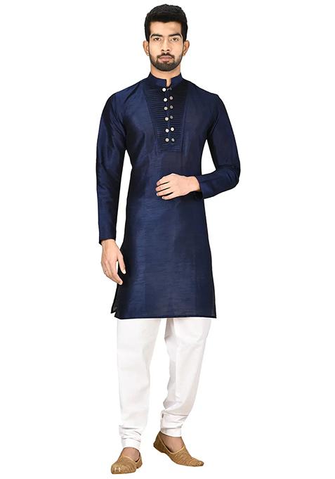Navy Blue Solid Silk Kurta Set For Men