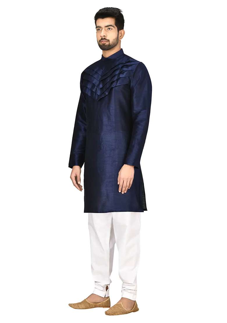 Navy Blue Solid Silk Blend Kurta Set For Men - Indya