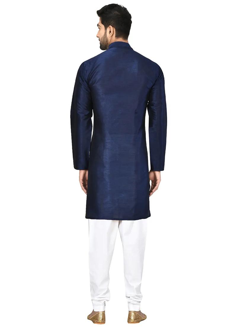 Navy Blue Solid Silk Kurta Set For Men