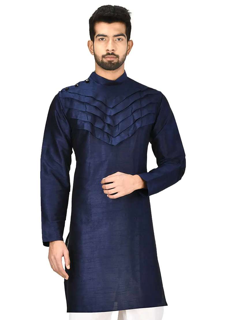 Navy Blue Solid Silk Blend Kurta Set For Men - Indya