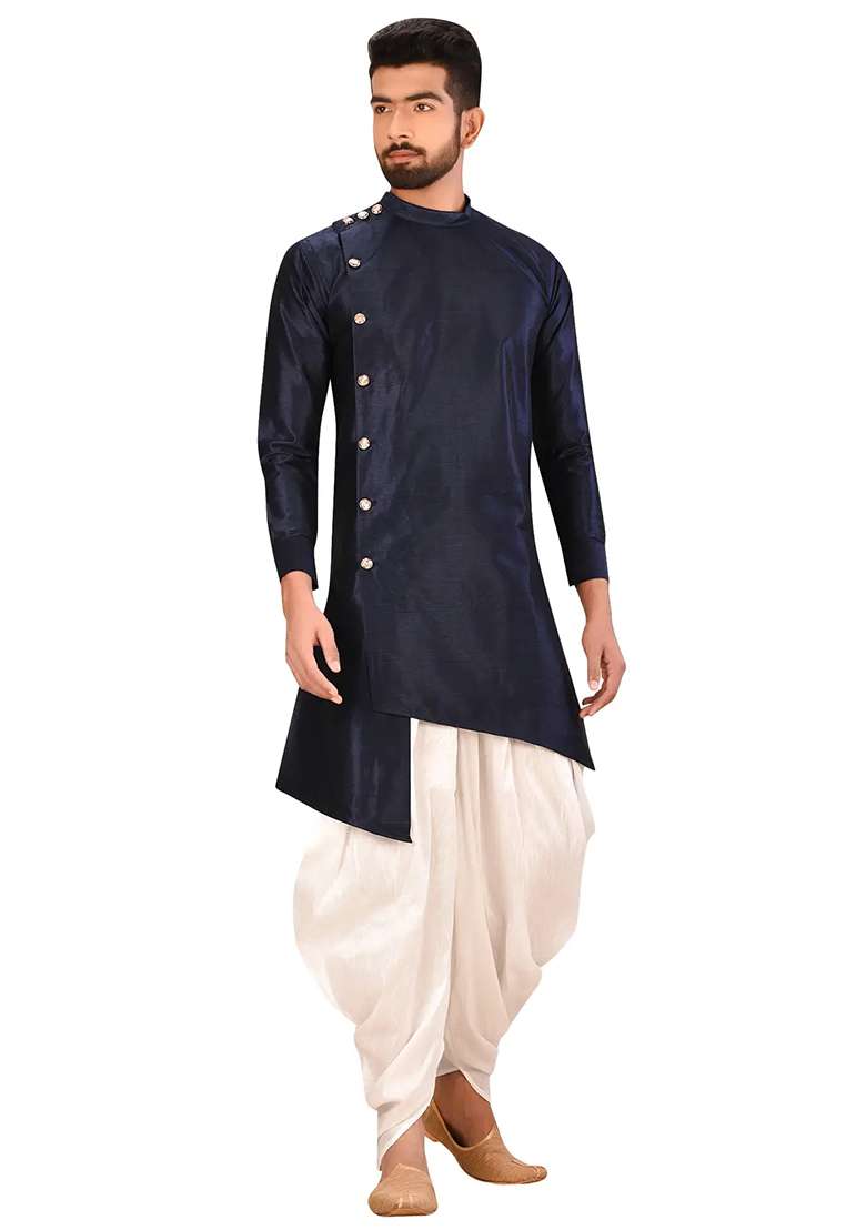 Navy Blue Solid Silk Blend Kurta Set For Men - Indya