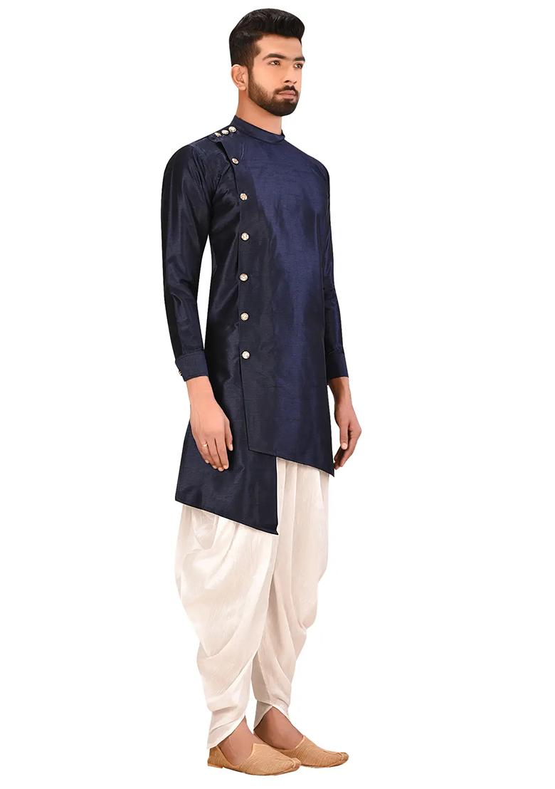 Navy Blue Solid Silk Kurta Set For Men