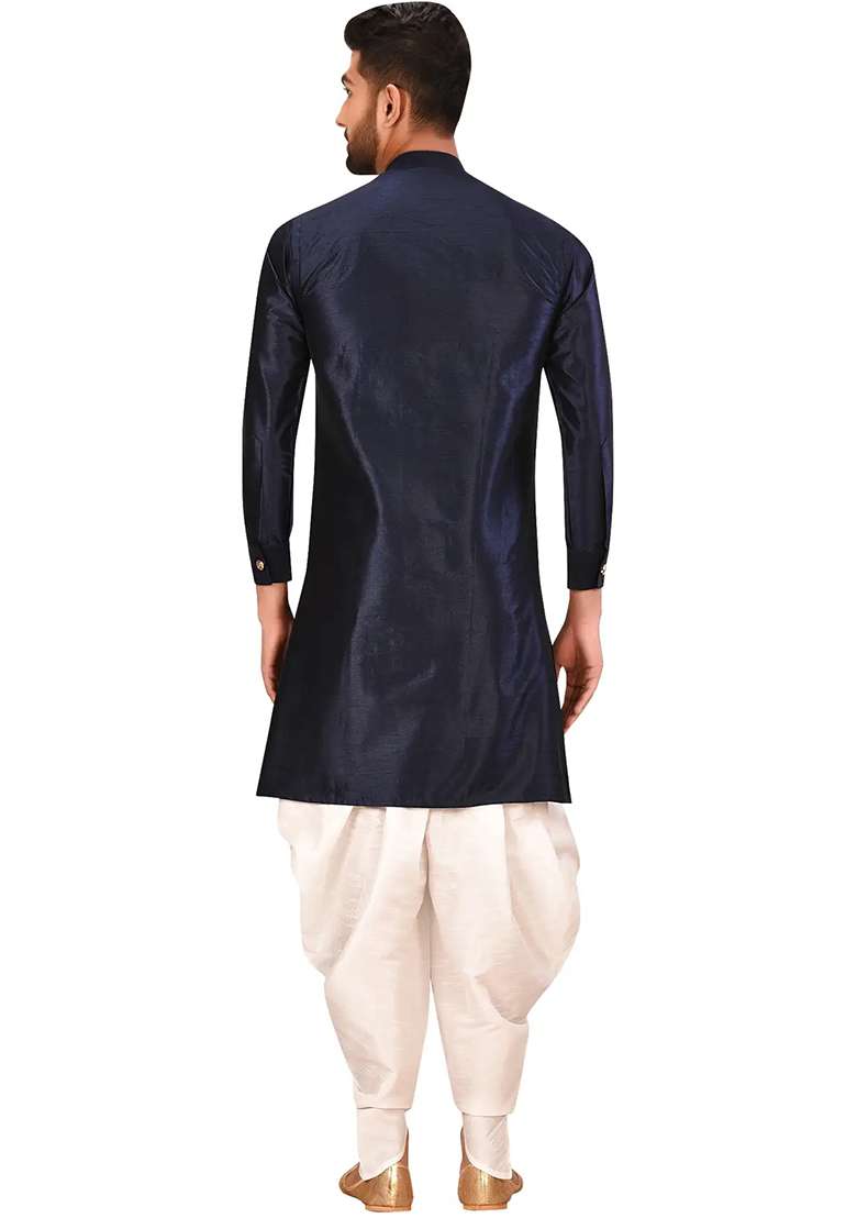 Navy Blue Solid Silk Blend Kurta Set For Men - Indya