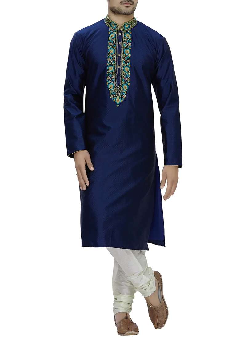 Navy Blue Solid Silk Blend Kurta Set For Men - Indya
