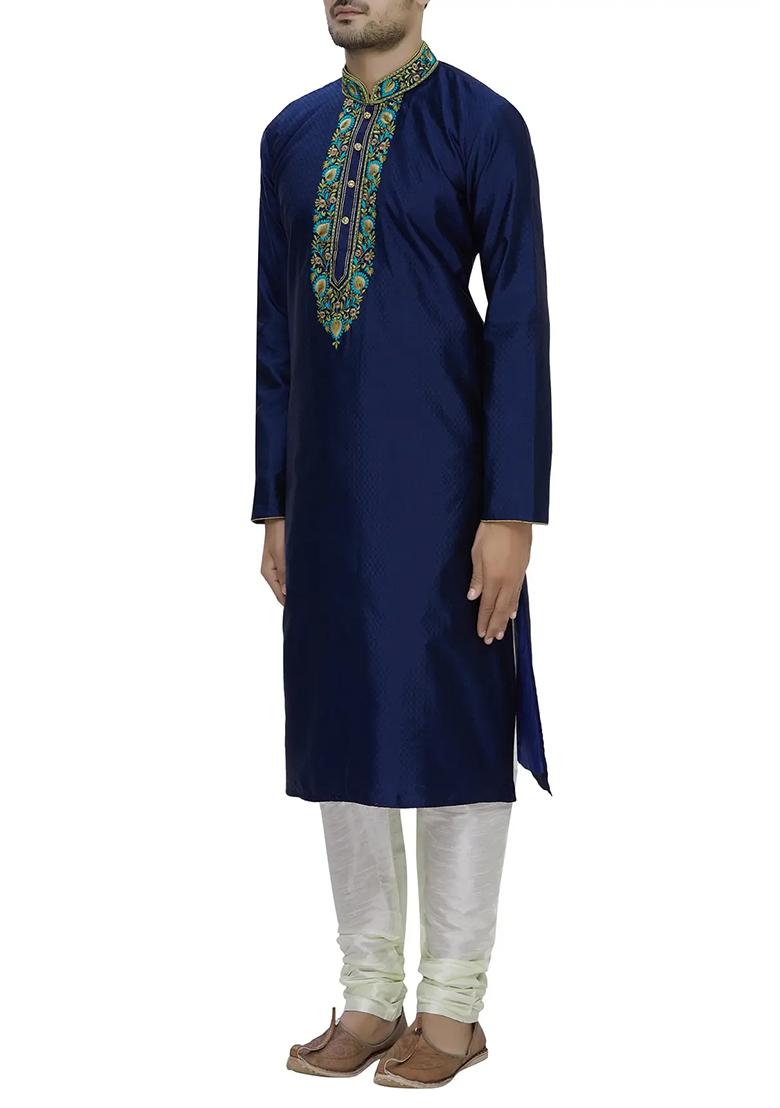 Navy Blue Solid Silk Kurta Set For Men