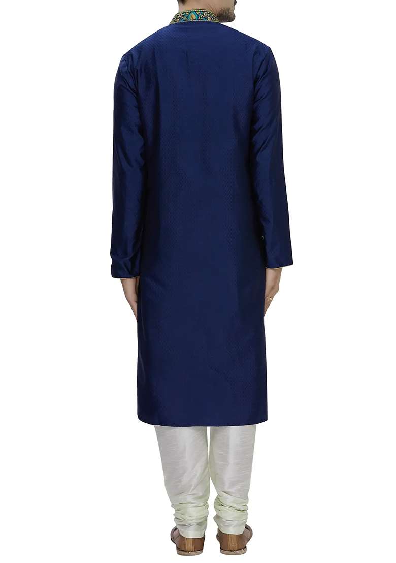 Navy Blue Solid Silk Blend Kurta Set For Men - Indya