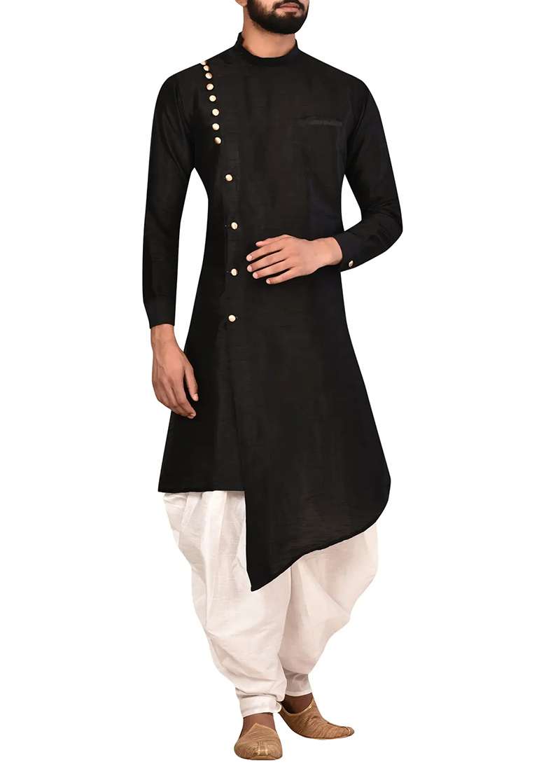 Black Solid Silk Blend Kurta Set For Men - Indya