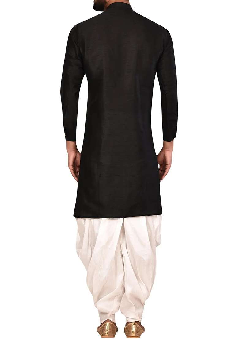 Black Solid Silk Blend Kurta Set For Men - Indya