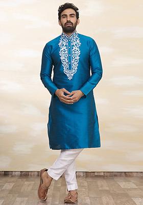 Firozi Blue Solid Silk Kurta Set For Men