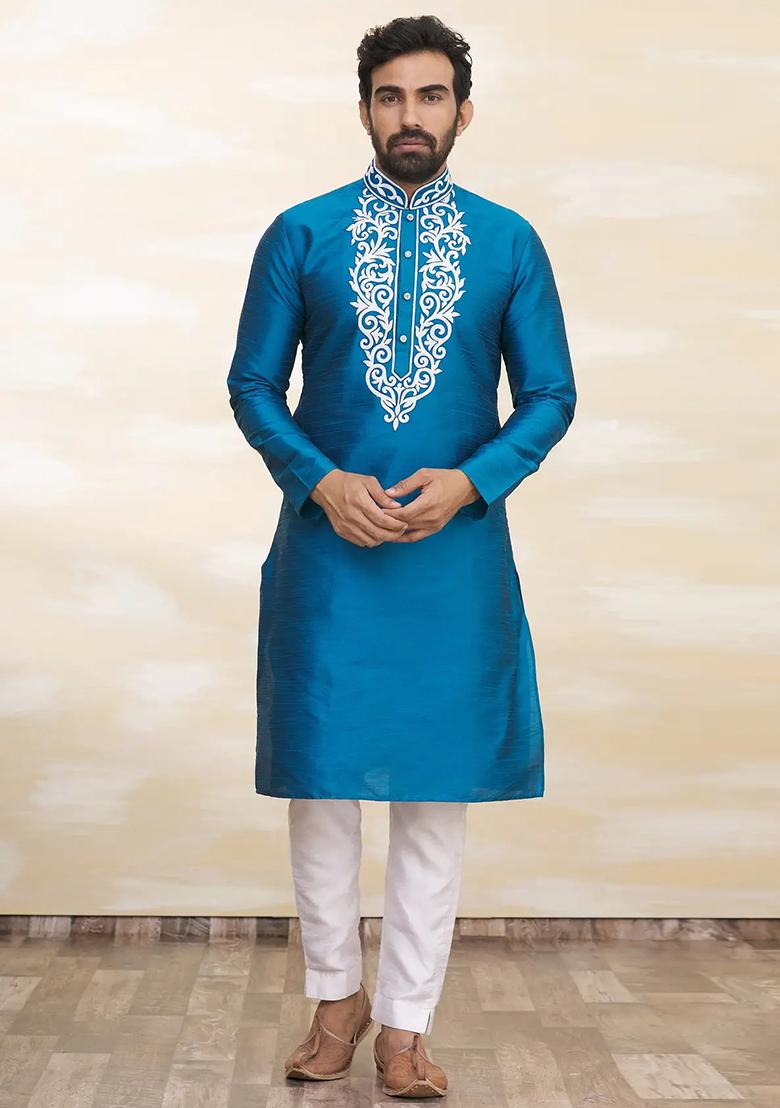 Firozi Blue Solid Silk Kurta Set For Men