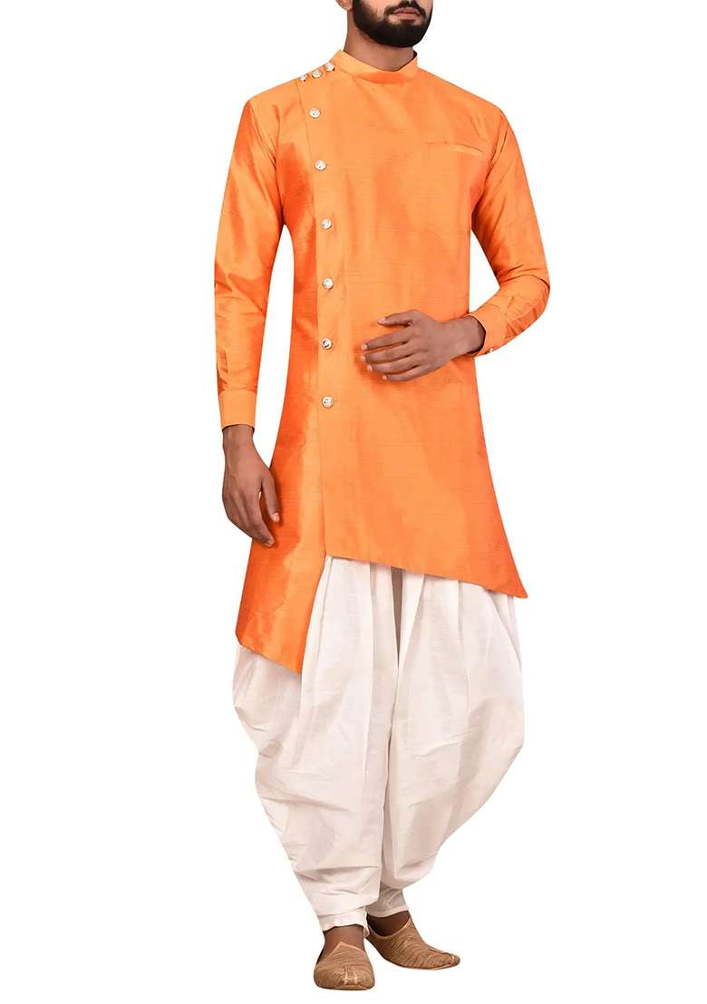 Orange Solid Silk Blend Kurta Set For Men - Indya