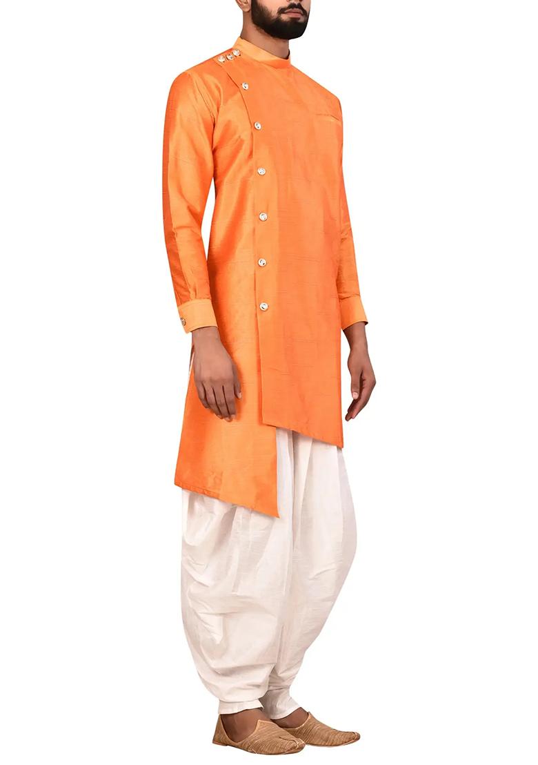 Orange Solid Silk Kurta Set For Men