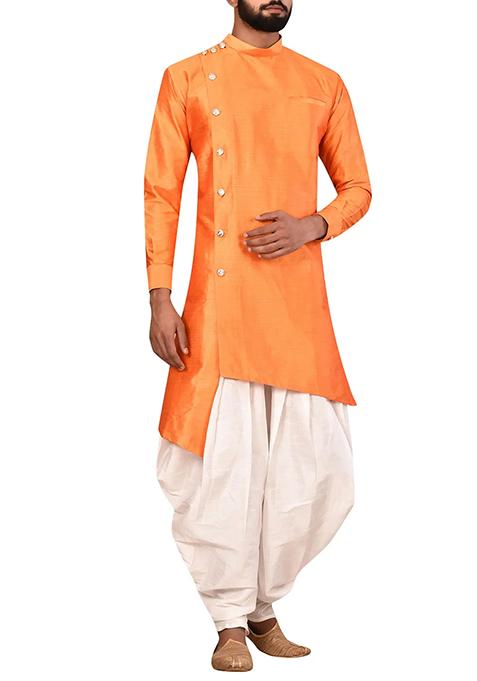 Orange Solid Silk Kurta Set For Men