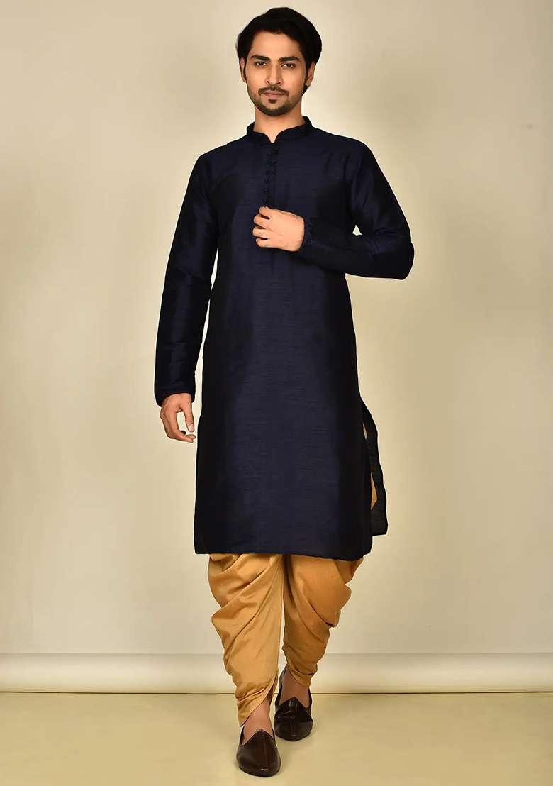 Navy Blue Embroidered Silk Blend Kurta Set For Men - Indya