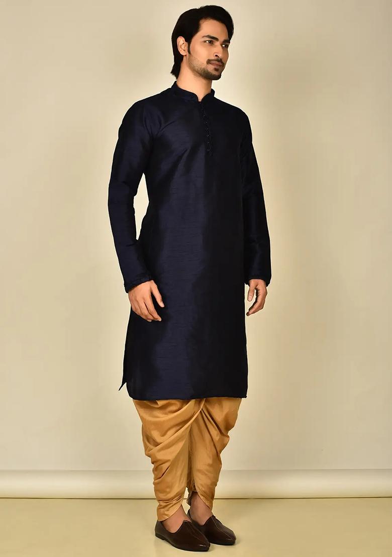 Navy Blue Embroidered Silk Kurta Set For Men