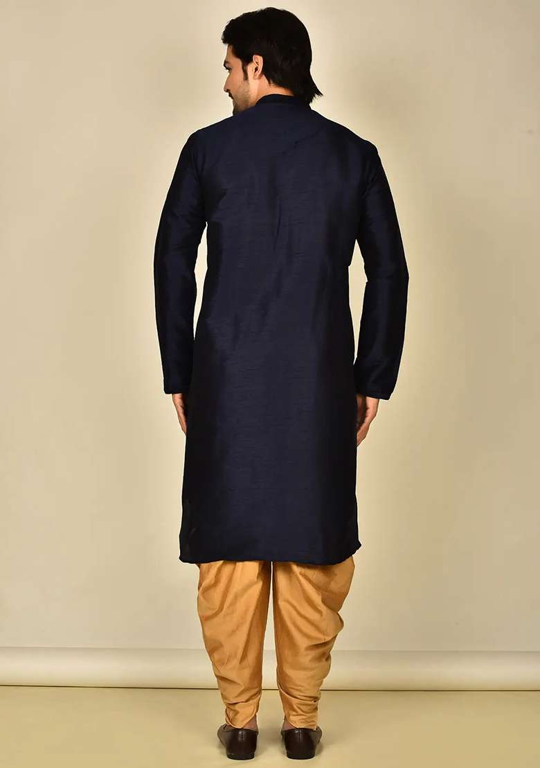 Navy Blue Embroidered Silk Blend Kurta Set For Men - Indya