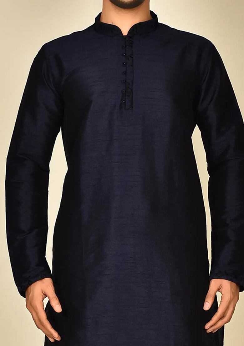Navy Blue Embroidered Silk Kurta Set For Men