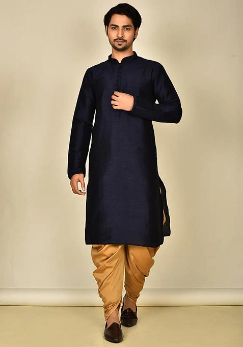 Navy Blue Embroidered Silk Kurta Set For Men