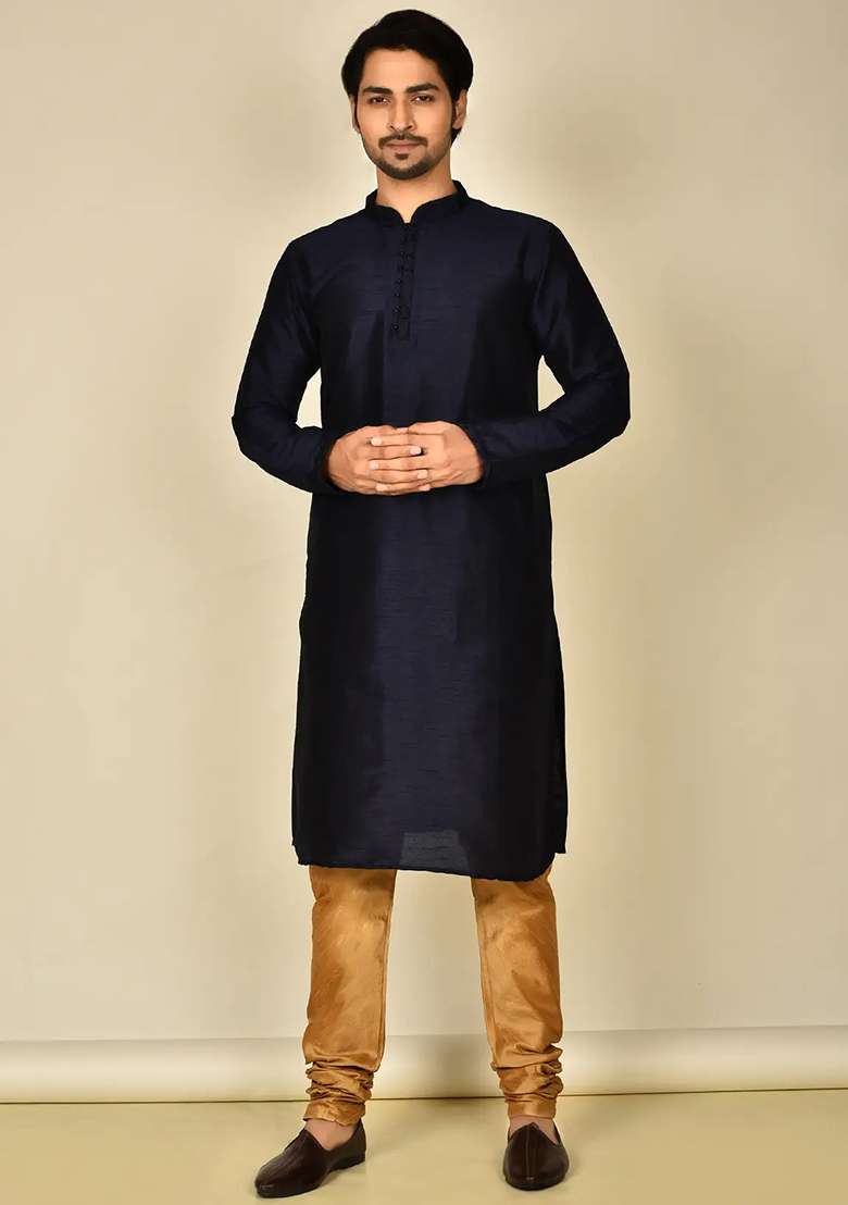 Navy Blue Embroidered Silk Blend Kurta Set For Men - Indya