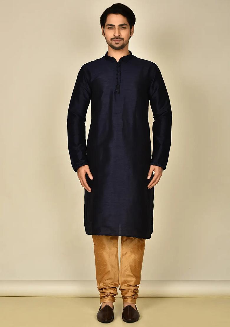 Navy Blue Embroidered Silk Kurta Set For Men