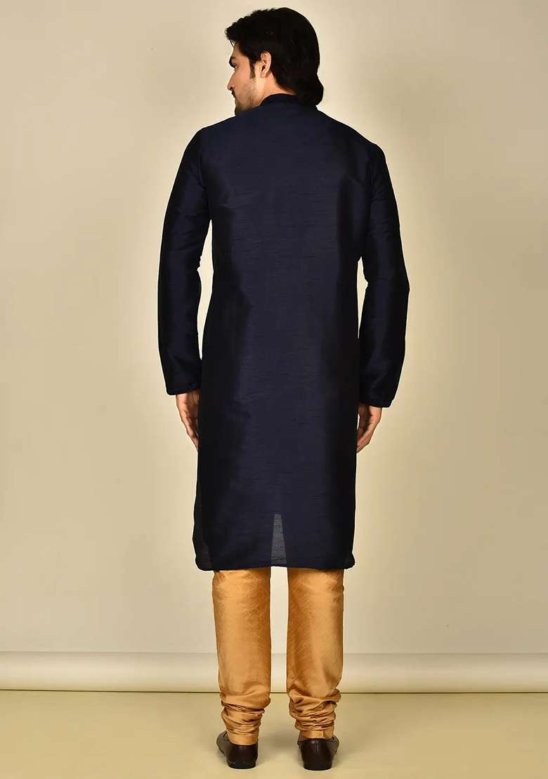 Navy Blue Embroidered Silk Blend Kurta Set For Men - Indya
