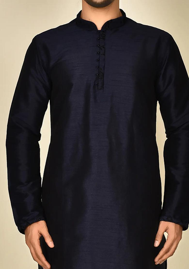 Navy Blue Embroidered Silk Kurta Set For Men