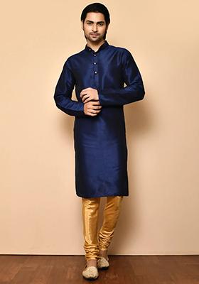 Navy Blue Solid Silk Kurta Set For Men