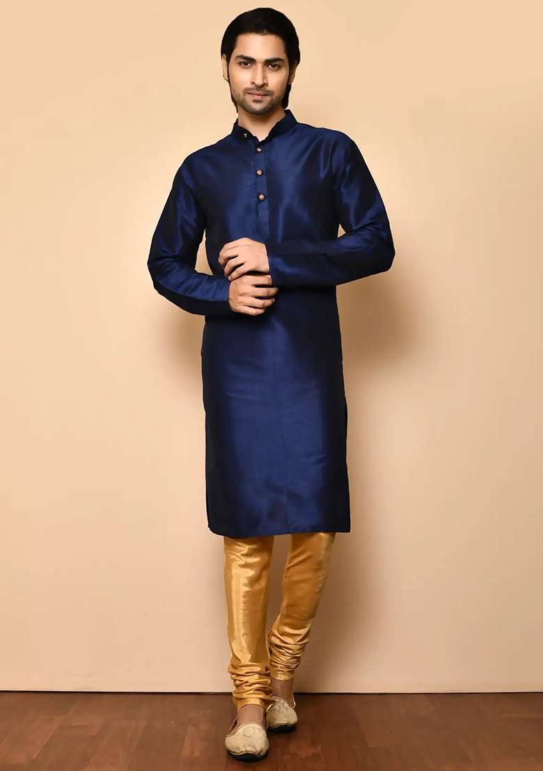 Navy Blue Solid Silk Blend Kurta Set For Men - Indya