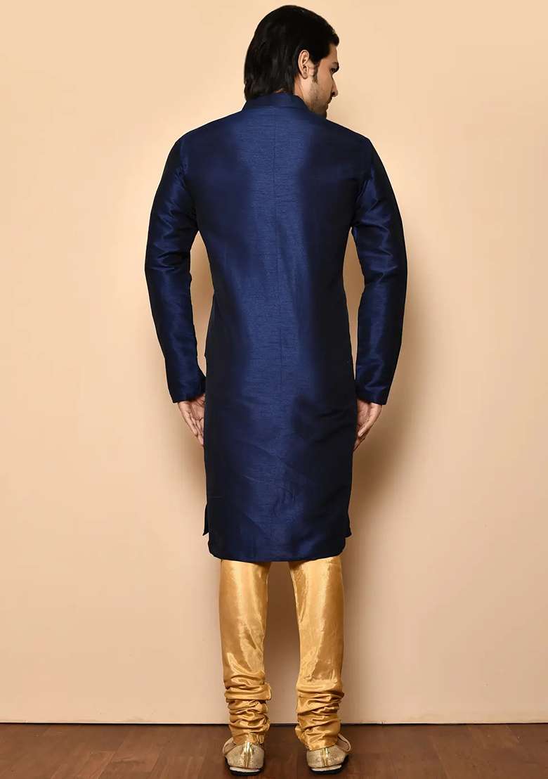 Navy Blue Solid Silk Blend Kurta Set For Men - Indya