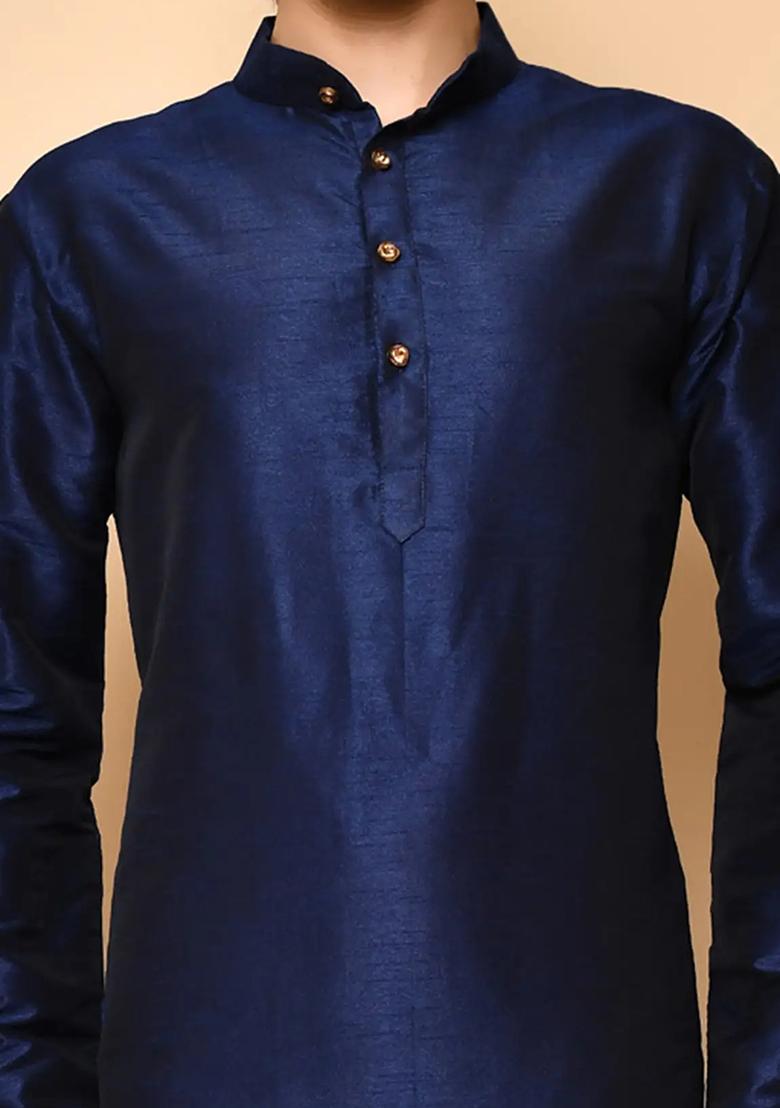 Navy Blue Solid Silk Kurta Set For Men